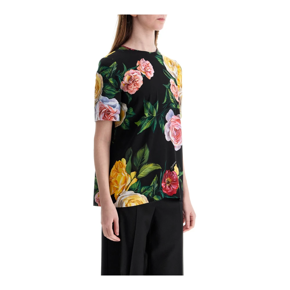 Dolce & Gabbana Bloemen Zijden T-shirt Zwart Multicolor Dames