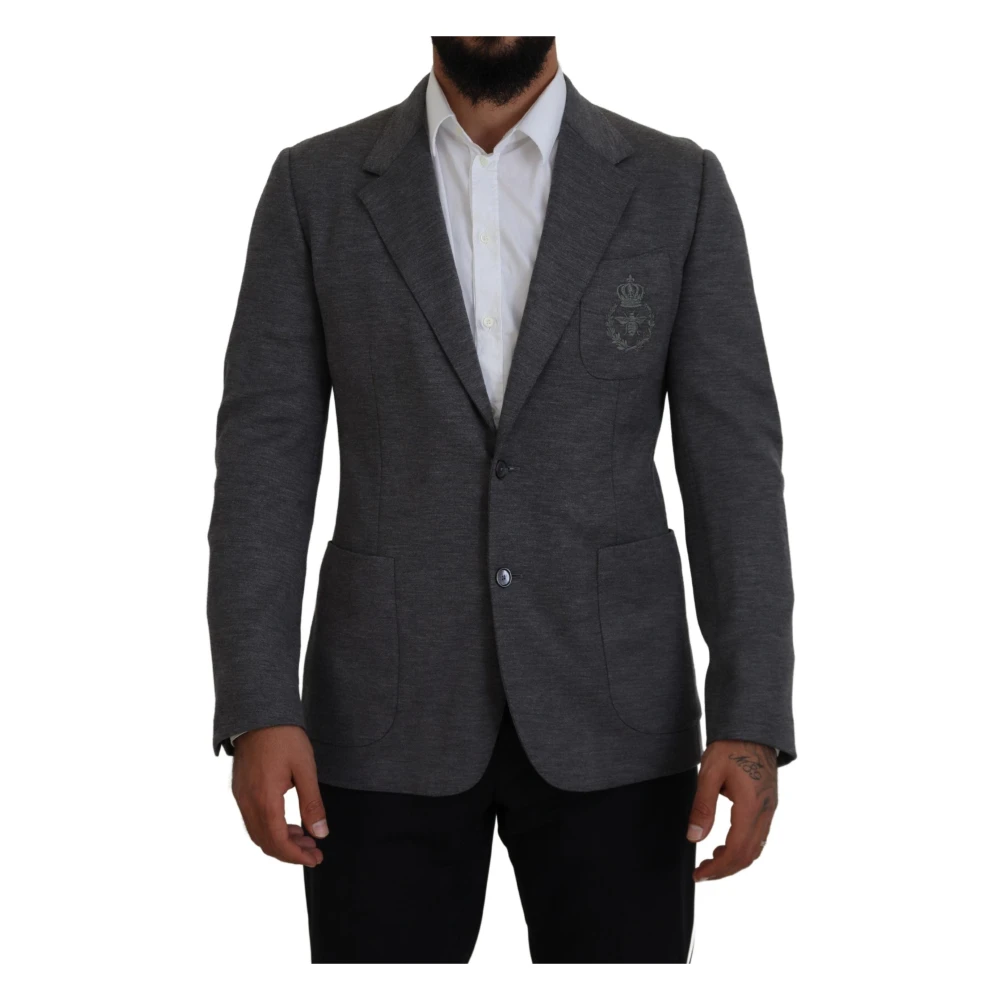 Dolce & Gabbana Men's Grey Wool Blazer With Bee Crown Embroidery
