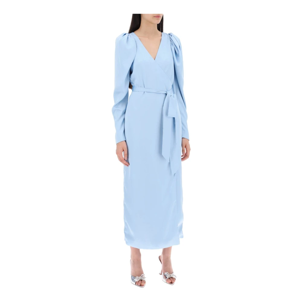 Rotate Birger Christensen Satijnen Midi Jurk met Strikceintuur Blue Dames