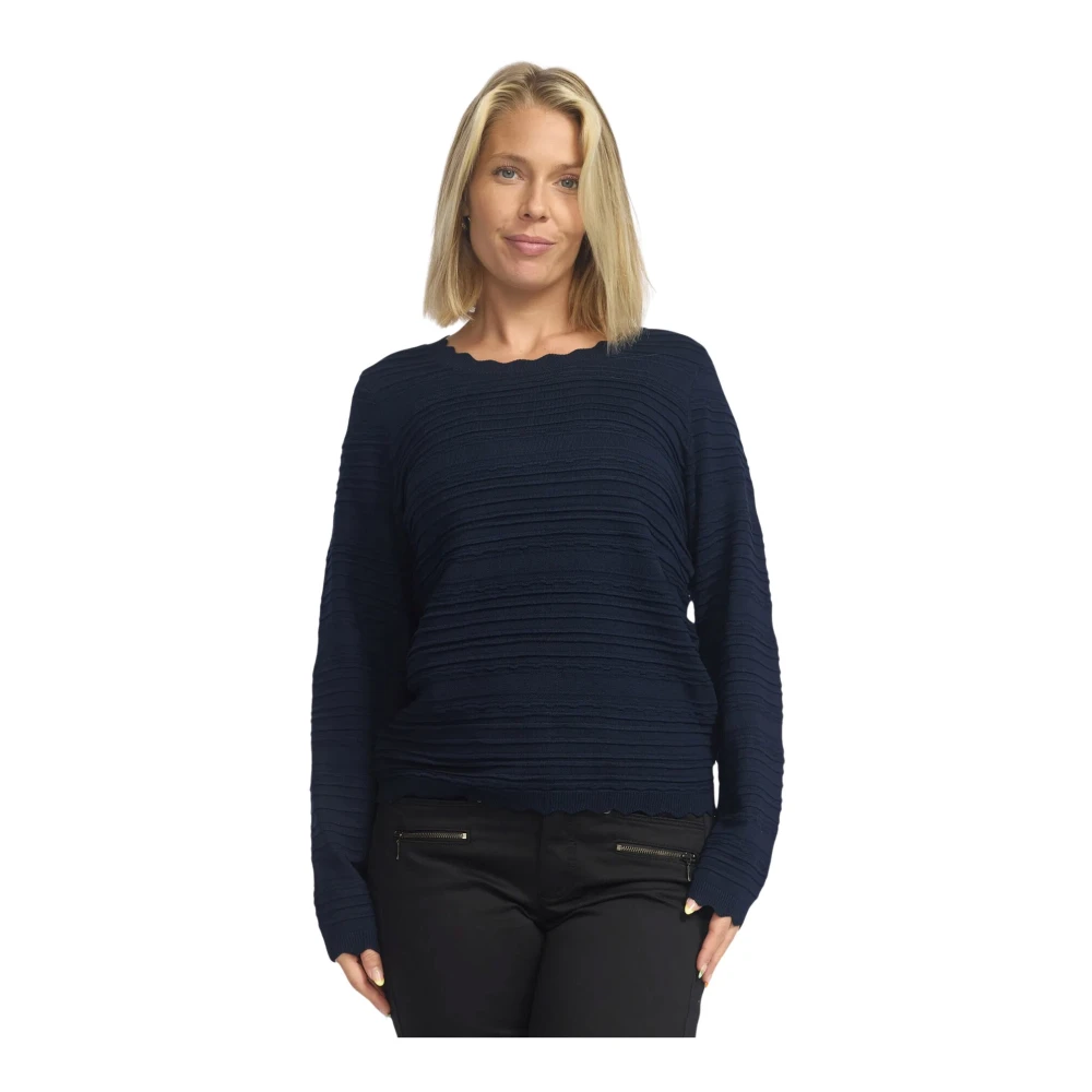 2-Biz Navy Lange Mouw Ronde Hals Top Blue Dames