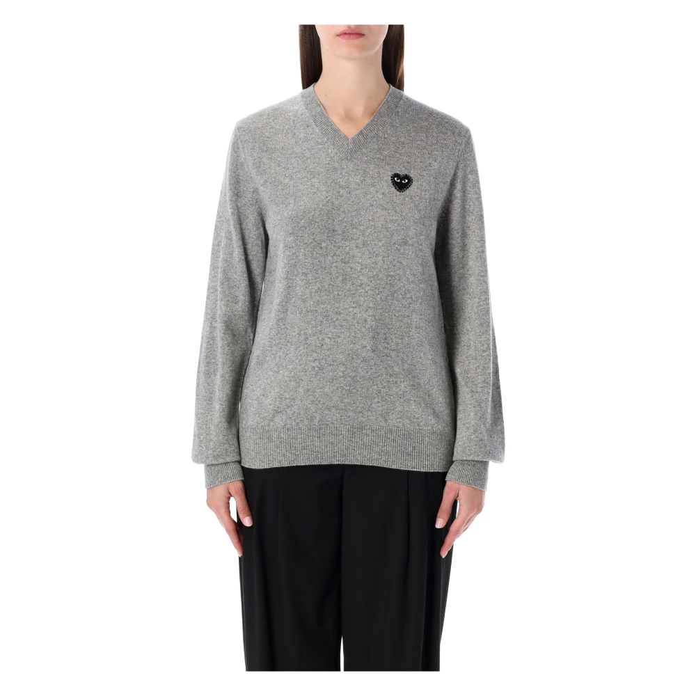 Comme Des Garçons Play Women's Gray V-Neck Knitwear, L, V Neck Crystal Heart