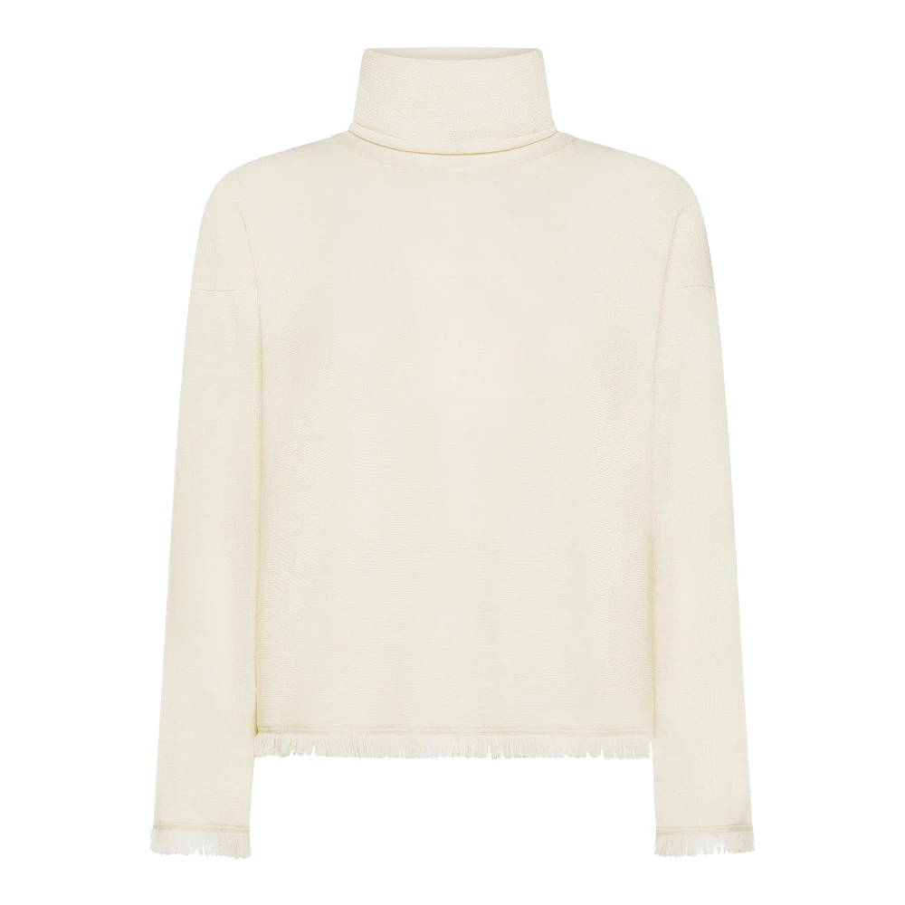 Sun68 Women's White Turtleneck Jumper With Fringes - Turtlenecks - M - Knitwear