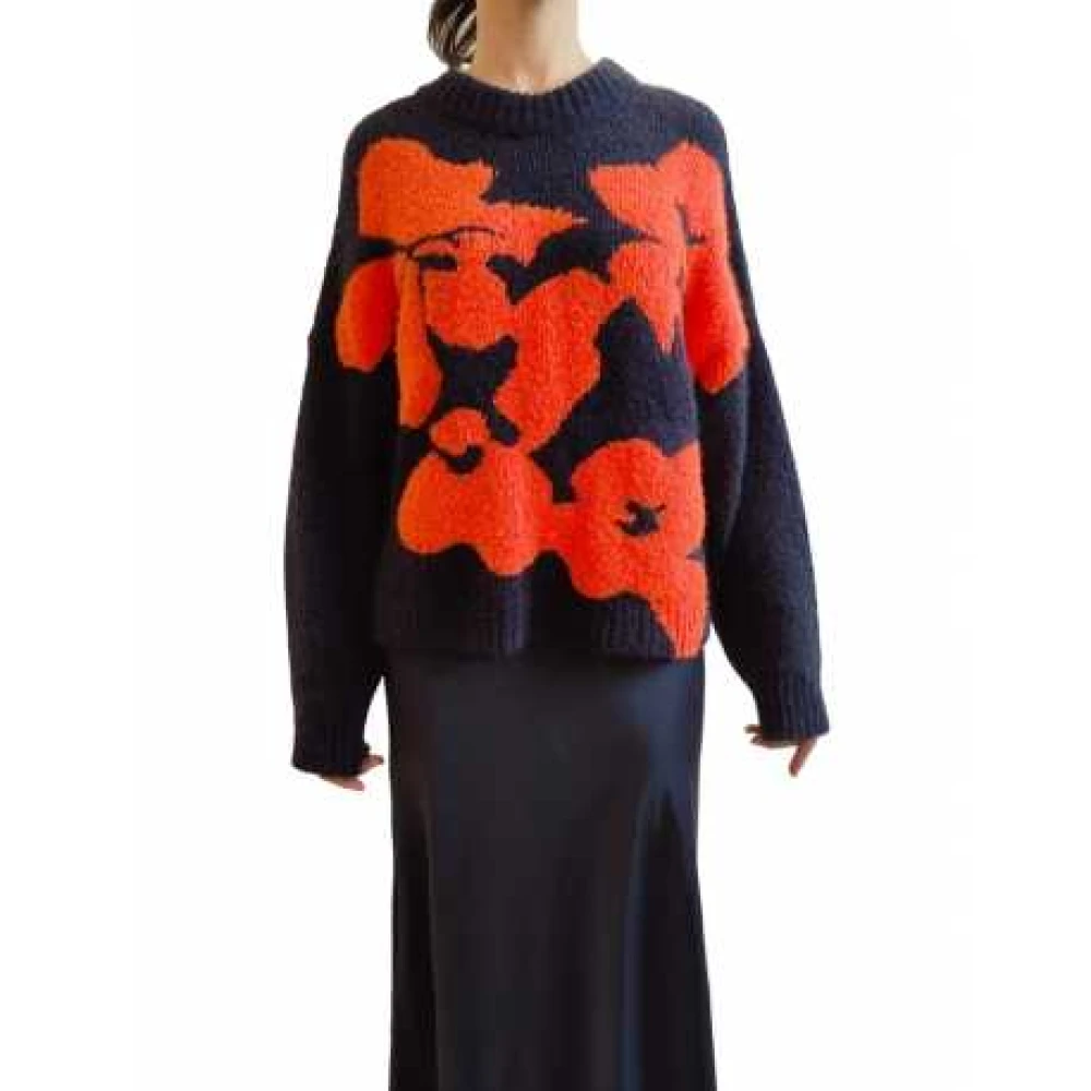 Essentiel Antwerp Navy Blauwe Bloemen Trui Oversized Pasvorm Multicolor Dames