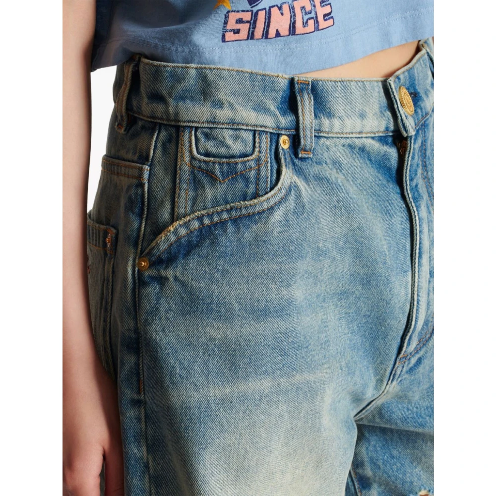 Balmain Denim Shorts met Geborduurd Logo Blue Dames