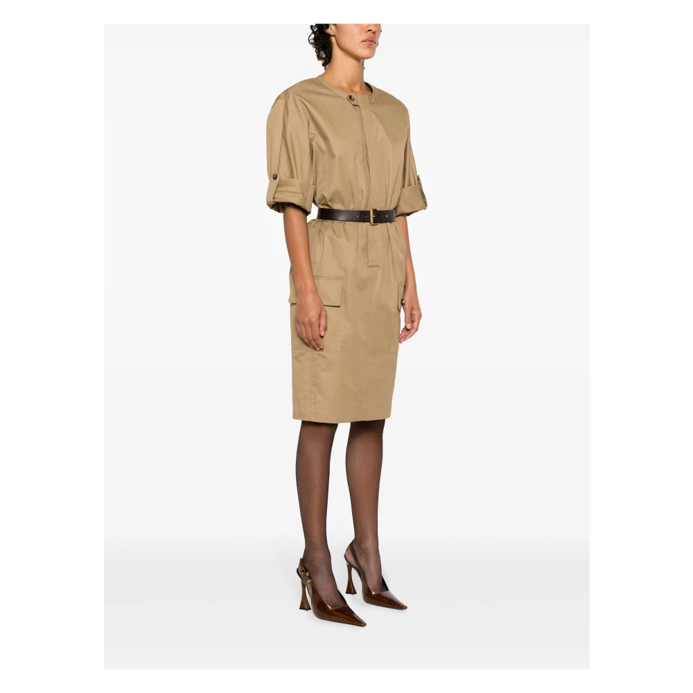 Saint Laurent Belted Cotton Twill Dress Beige Dames