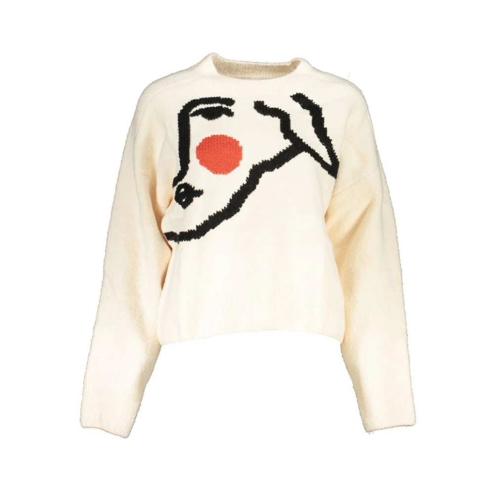 Desigual Women's White Elegant Embroidered Jumper - Round-Neck Knitwear - Xl - Knitwear