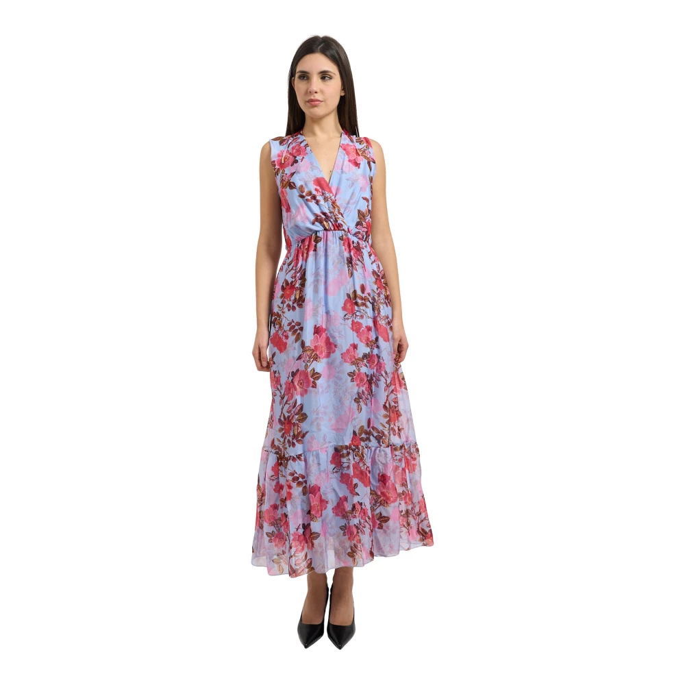 Fracomina Donna Blu Abito Lungo A Fiori Con Scollo A V