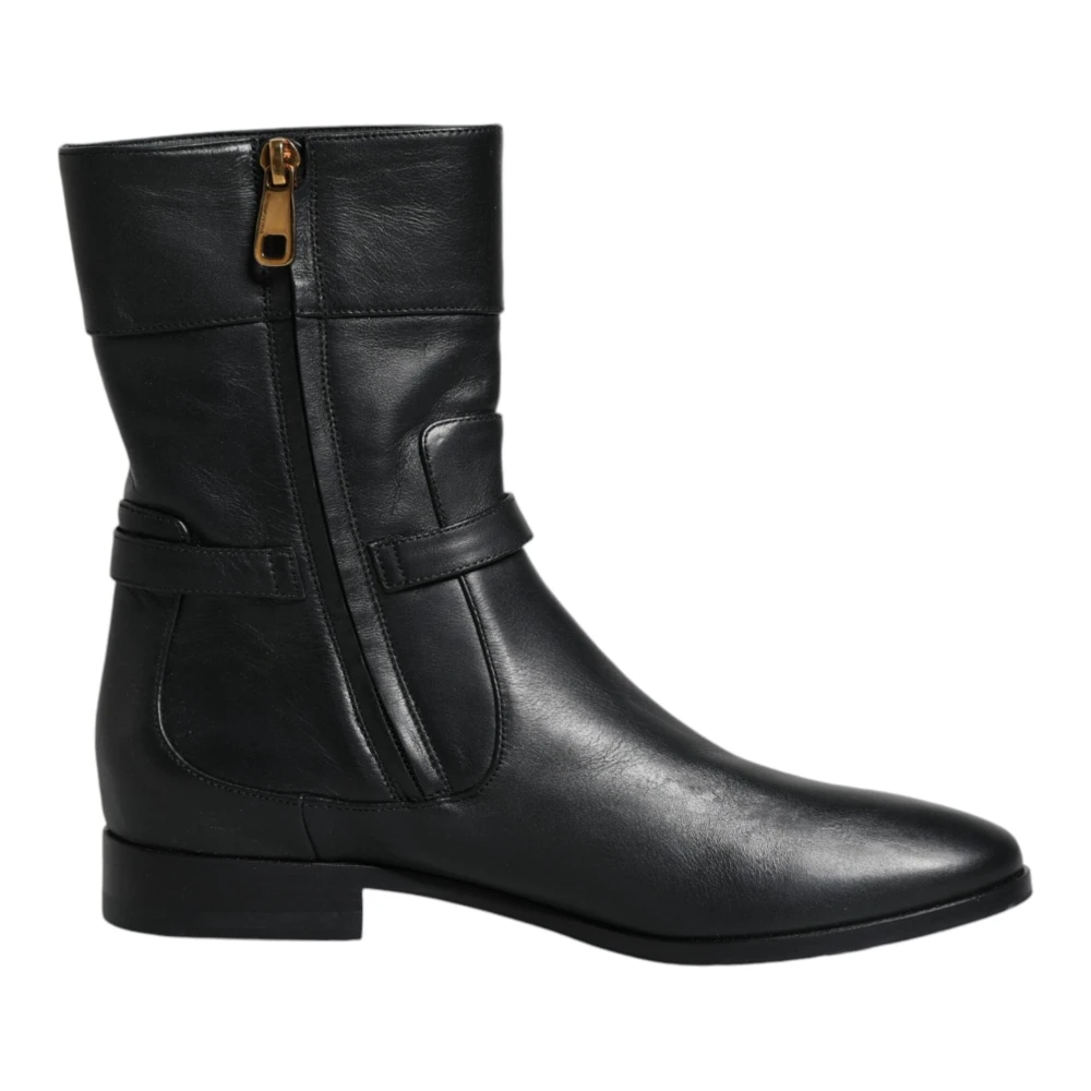 Dolce & Gabbana Black Leather Logo Mid Calf Boots - Female - Ankle Boots - 4 1/2 Uk - Shoes