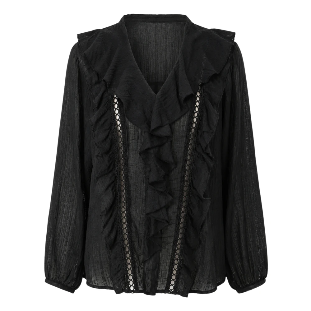 Souvenir Women's Black Blouses, M, Ruffle V-Neck Blouse