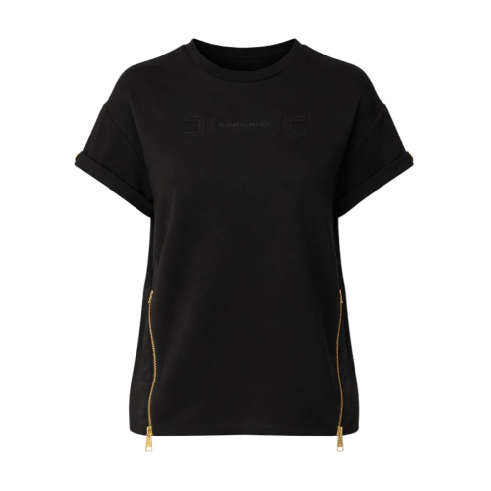 Elisabetta Franchi Black T-Shirts, Female, Xs, Embossed Zip T-Shirt