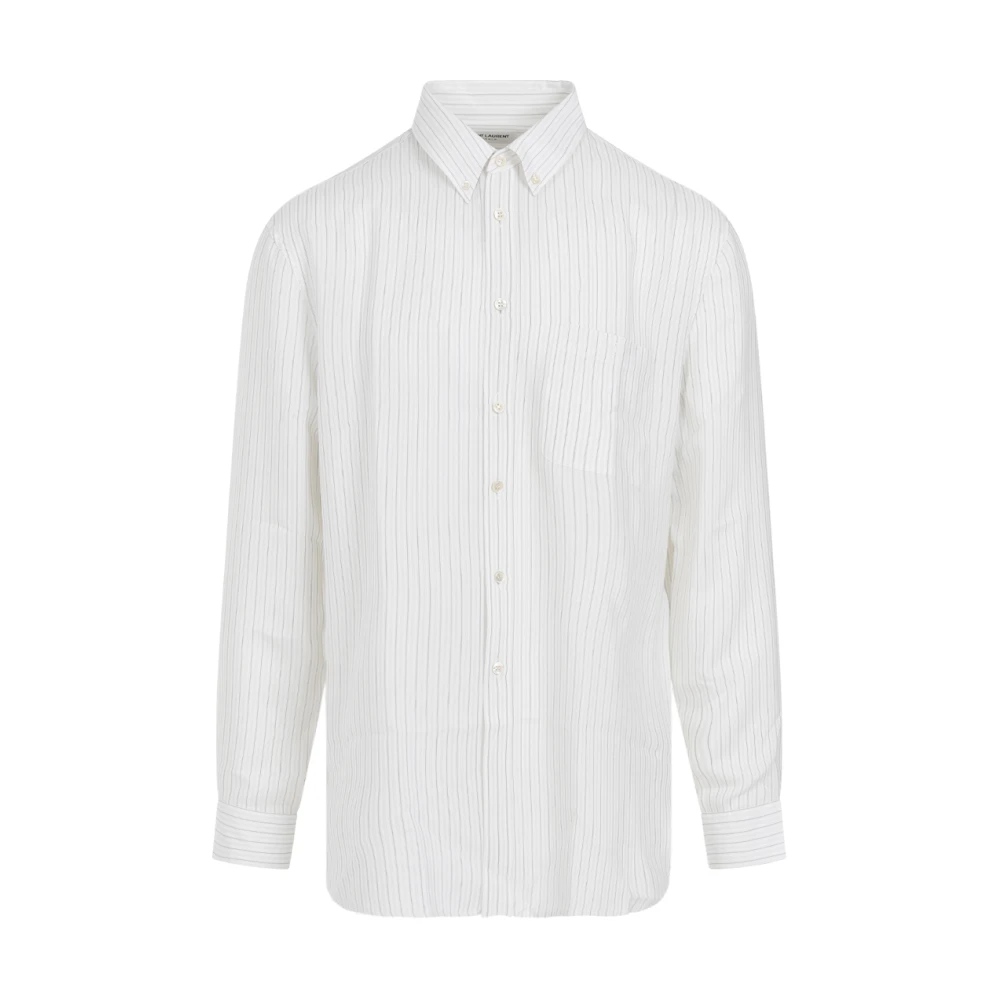 Saint Laurent Gestreept zijden overhemd met knopen Beige Heren