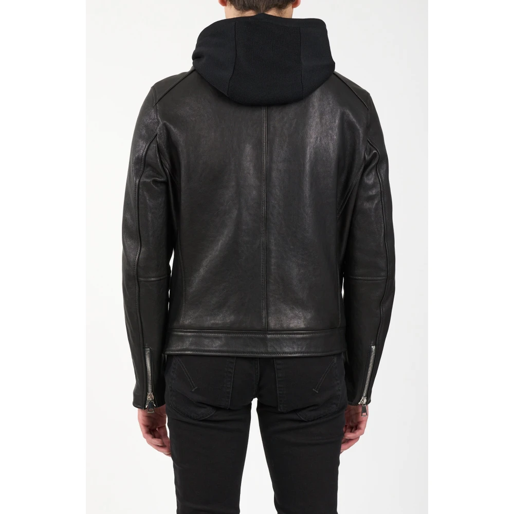 Dondup Leren Bikerjack met capuchon Black Heren