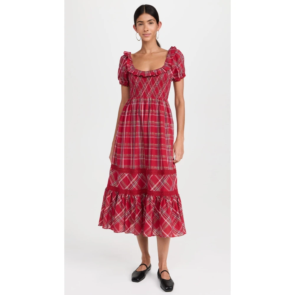 Loveshackfancy Gerania Jurk met Ruches in Ruit Red Dames