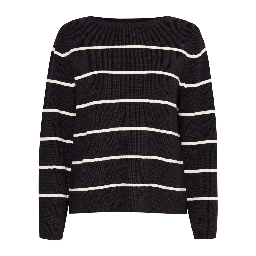 Ichi Black Round-Neck Knitwear, Female, M, Striped Knit Jumper Meteorite Almond Milk