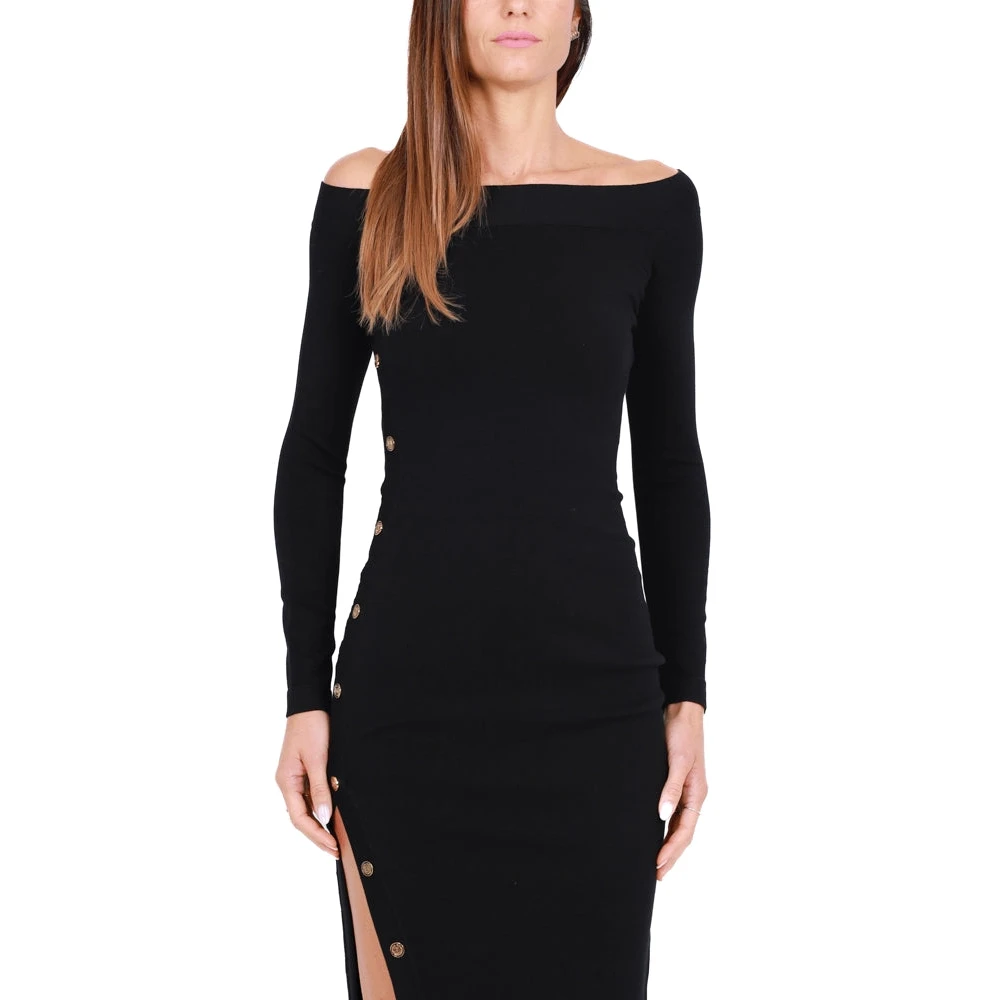 Elisabetta Franchi Zwarte Viscose Gebreide Midi Jurk Black Dames