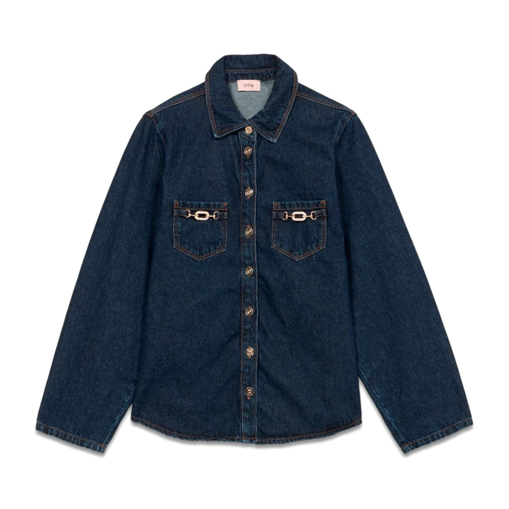 Oltre Overhemdblouse van denim met metalen gespen Blue Dames