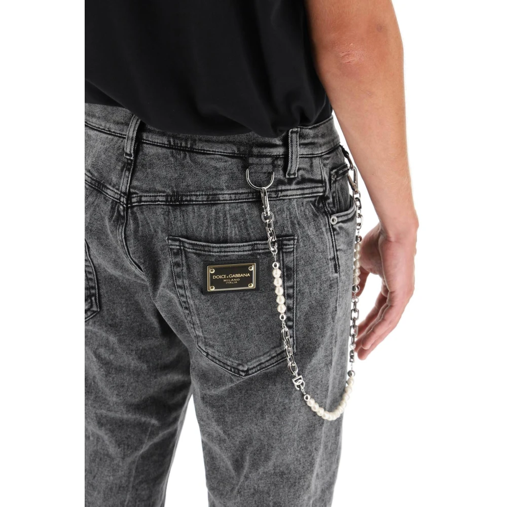 Dolce & Gabbana Parel-Verfraaide Loose Jeans met Sleutelhanger Gray Heren