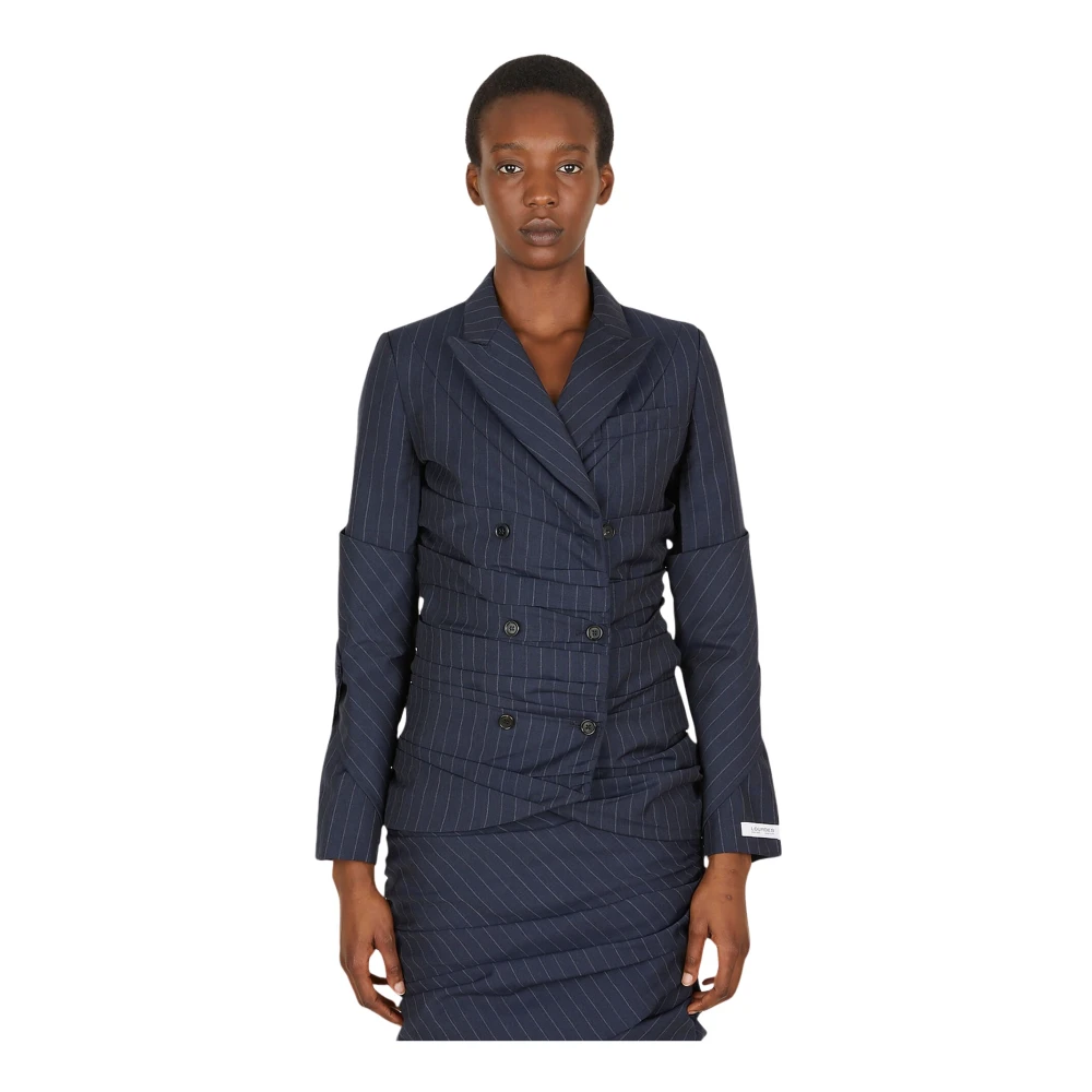 Lourdes Women's Blue Pinstripe Ruched Blazer - Blazers - L - Jackets