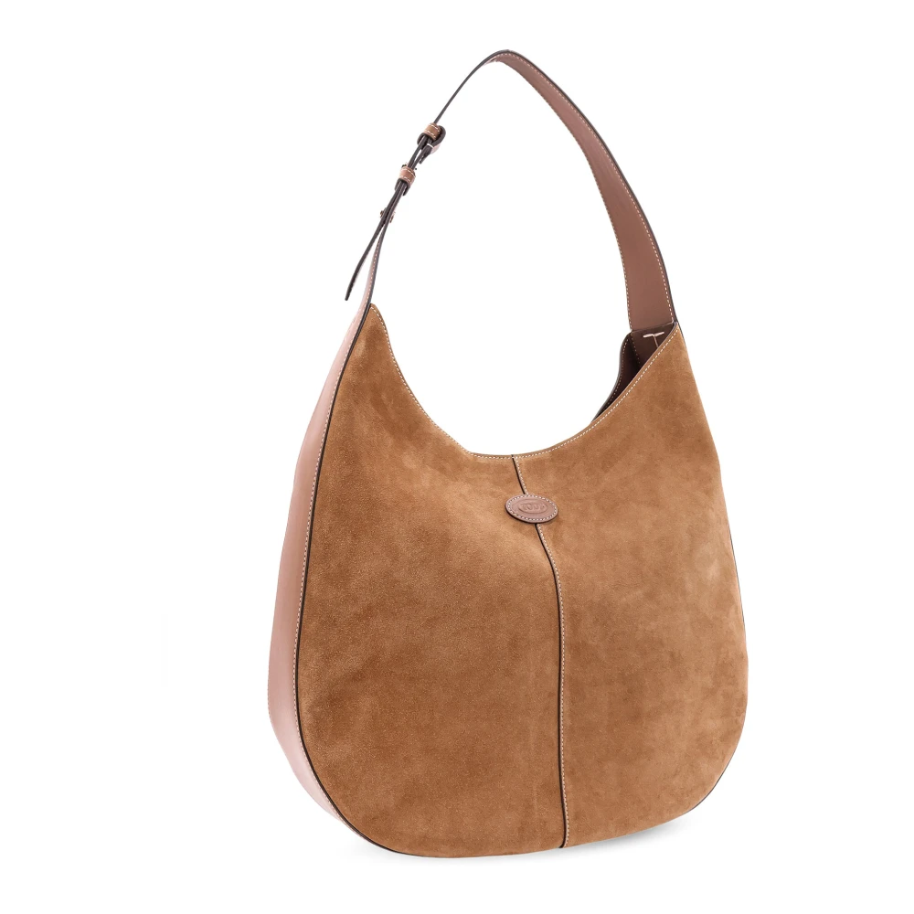 TOD'S Suède en leren schoudertas met logopatch Brown Dames