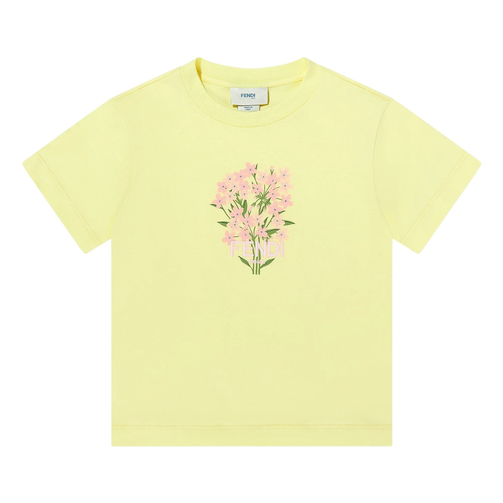 Fendi , Kids Short Sleeve T-Shirts, Female, Yellow, 6 Y, Flower Embroidered T-Shirt