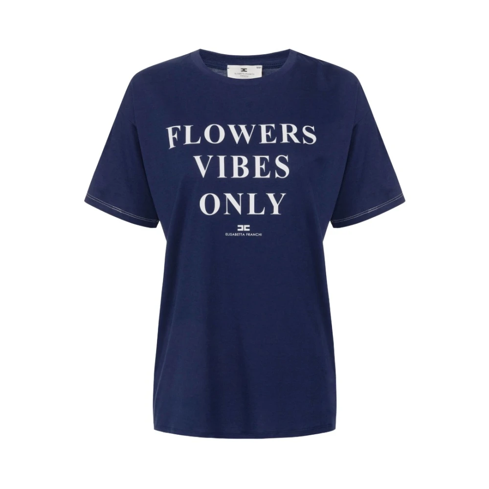 Elisabetta Franchi Jersey T-shirt met satijnen printbanden Blue Dames