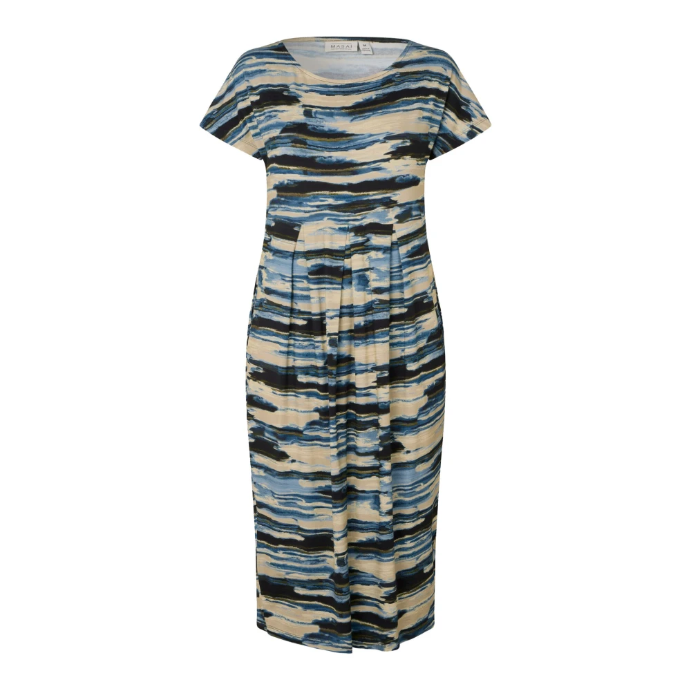Masai Blauwe Mist Jurk met Print en Taille Plooien Multicolor Dames