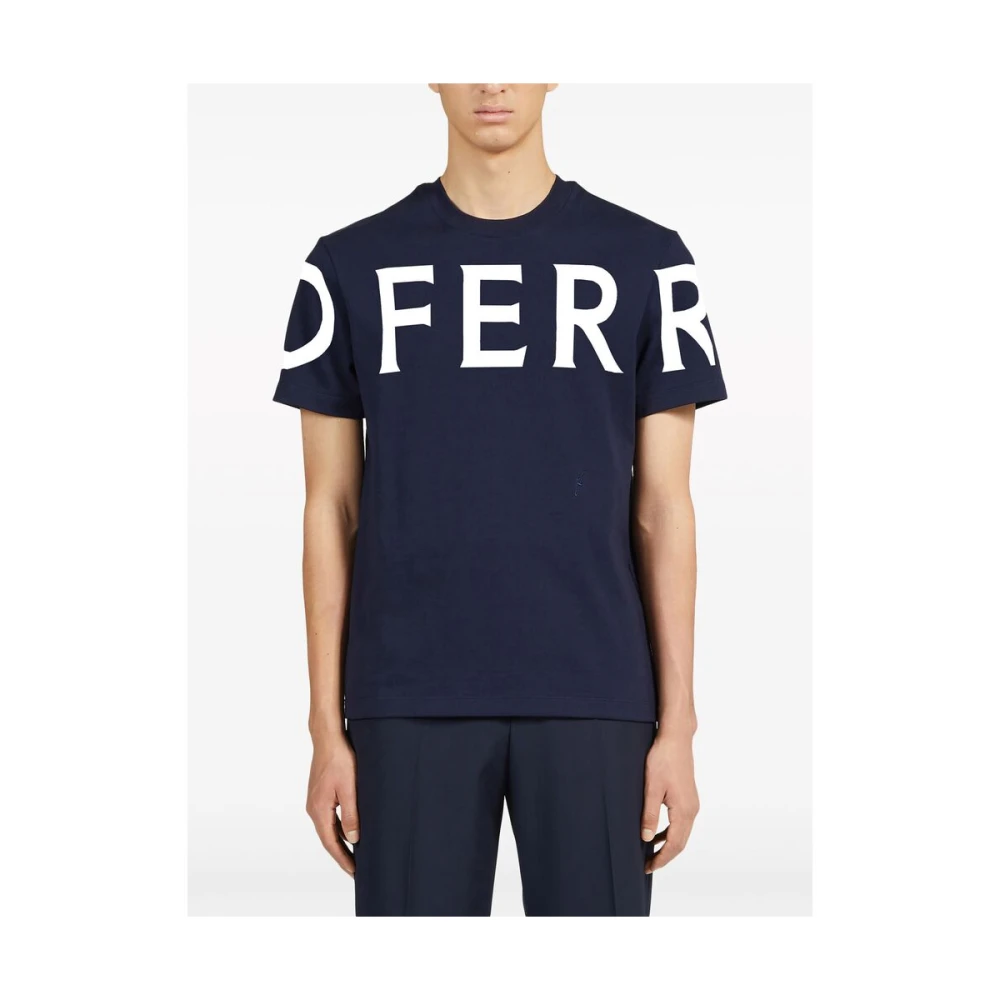 Salvatore Ferragamo Navy Blue Logo Print T-shirt Blue Heren