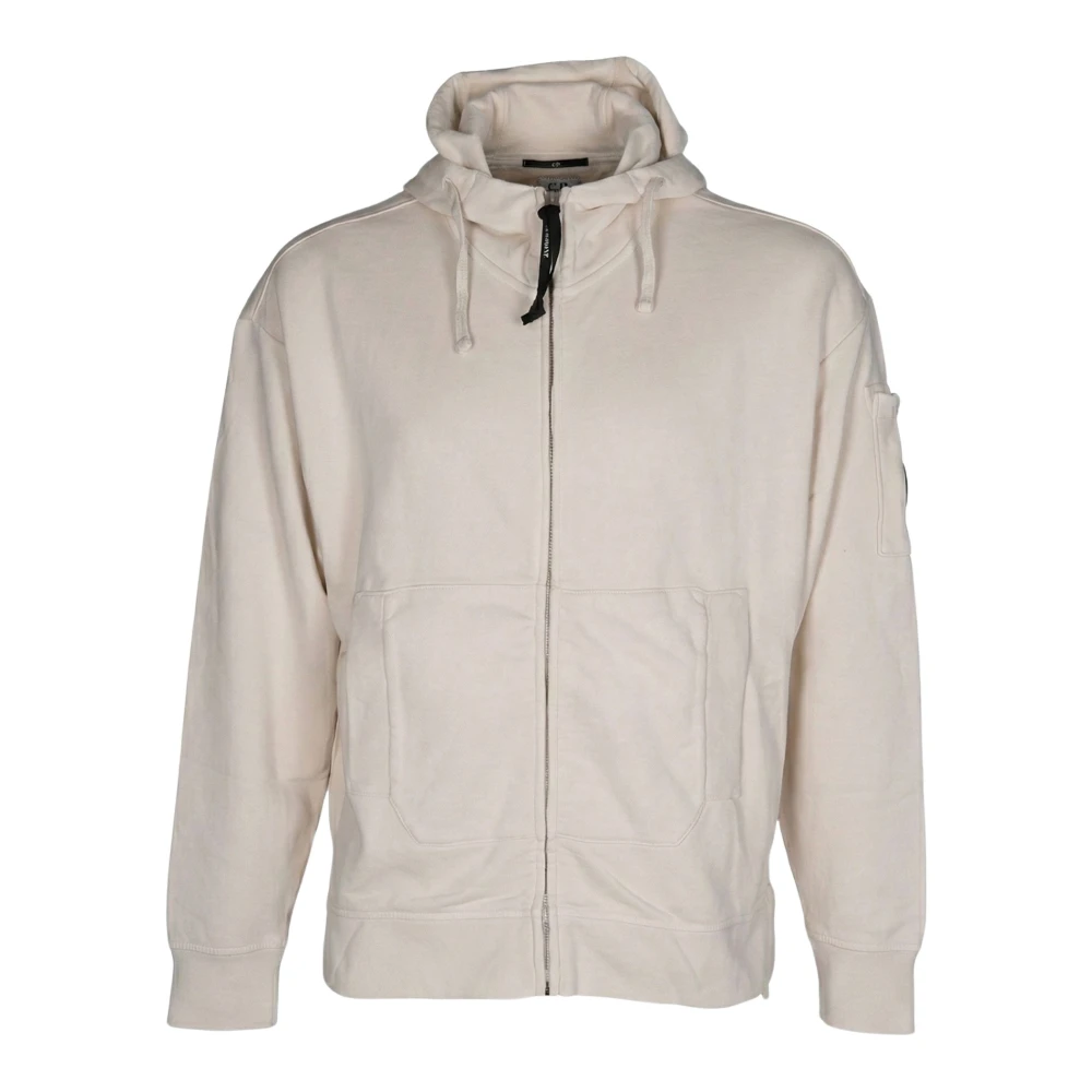 C.p. Company Men's White Brushed And Emerized Diagonal Fleece Boxy Goggle Sweatshirt