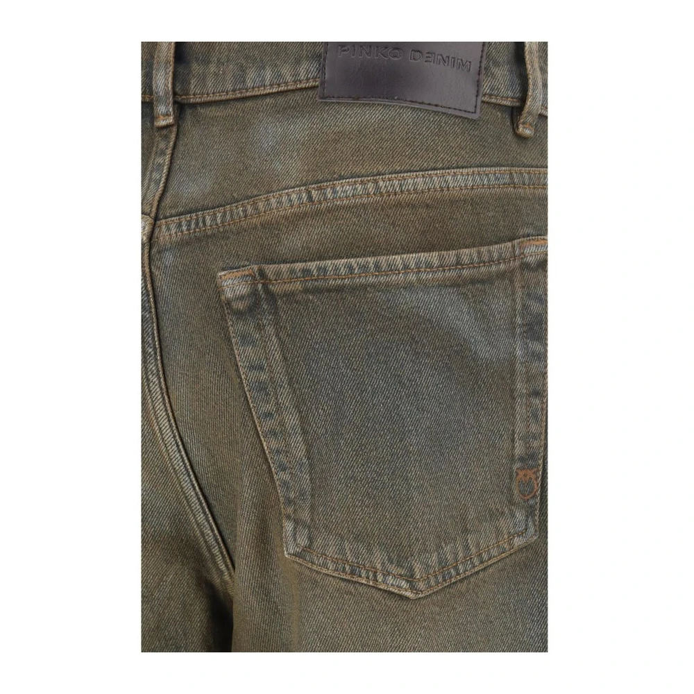 pinko Denim Straight Broek met Leren Patch Brown Dames