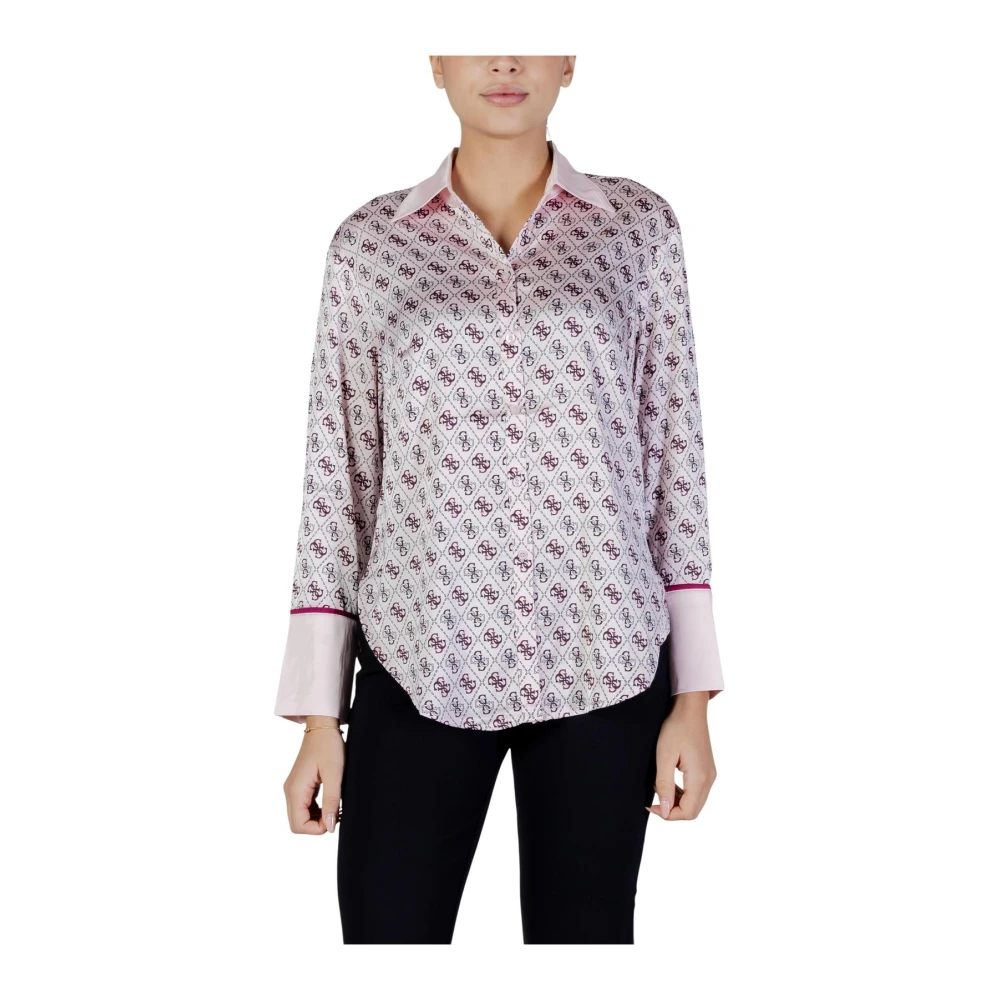 Guess Donna Rosa Camicia Stampata A Maniche Lunghe Con Bottoni E Colletto Classico