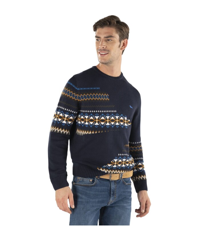 pull-col-rond-bleu-multicolore-tresse