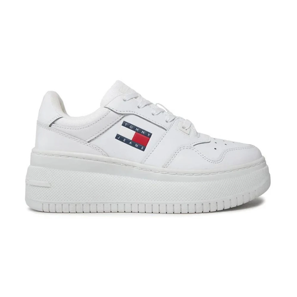 Tommy Jeans Women's White Sneakers,, Stylish Printed Leather Trainers With Rubber Sole Size 4 Uk