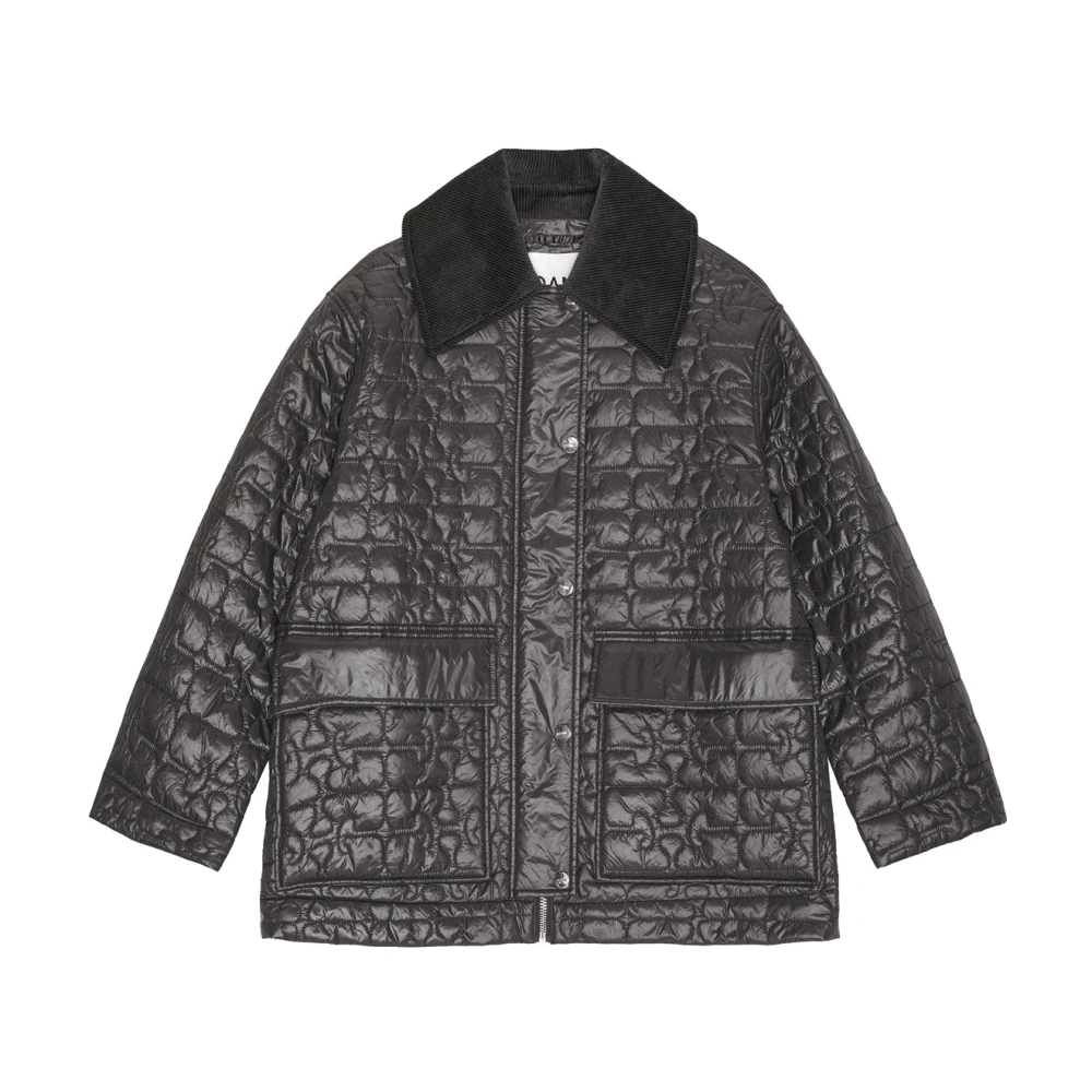 Ganni Women's Gray Light Jackets, 2XS/Xs, Black Shiny Quilt Midi Jacket