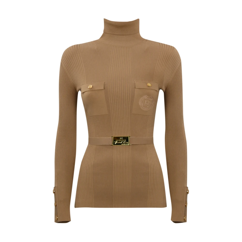 Elisabetta Franchi Bruine Geribbelde Trui met Hoge Hals Brown Dames