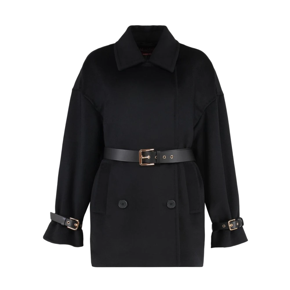 Max Mara Studio Black Double-Breasted Belted Wool Coat - Female - Belted Coats - S - Coats