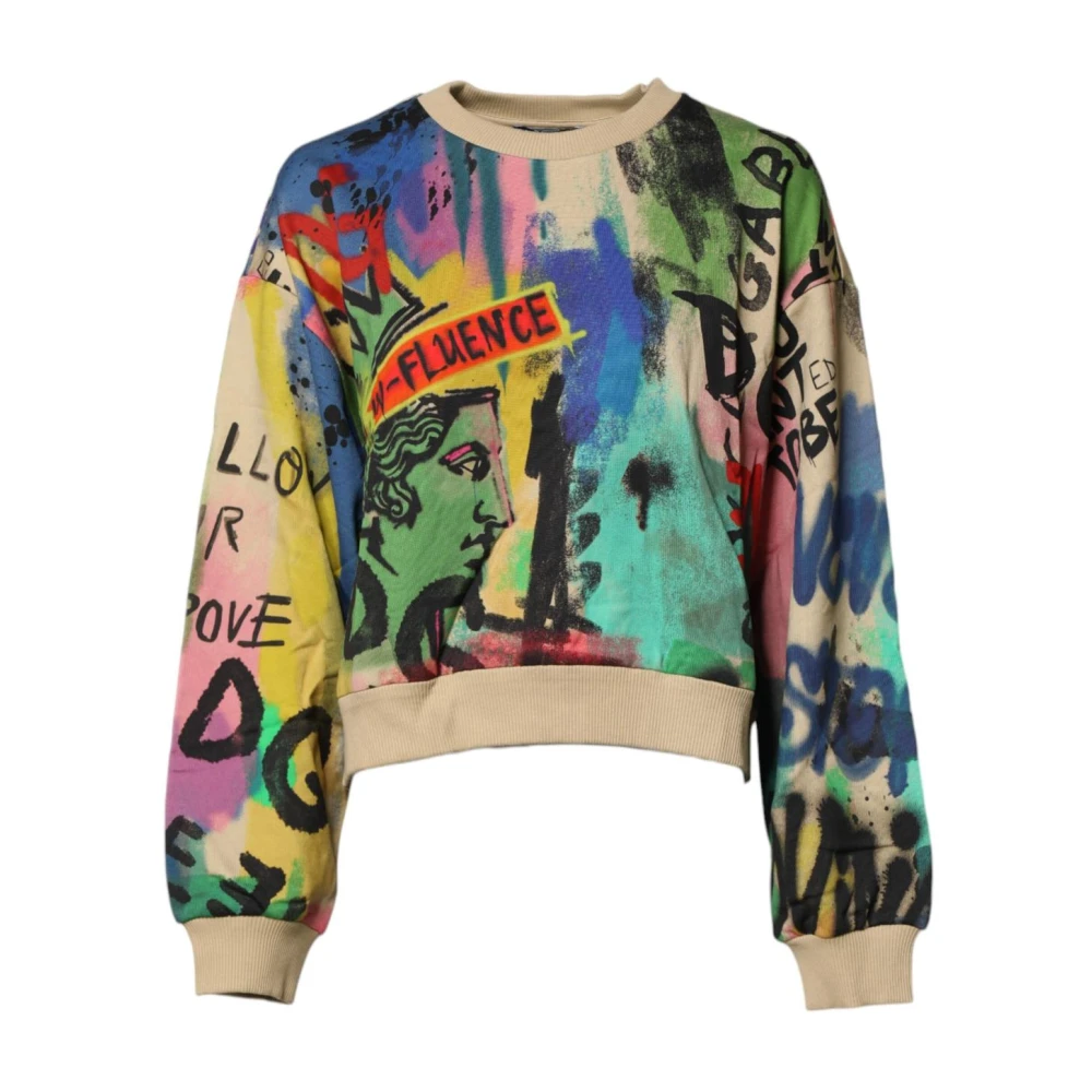 Dolce & Gabbana Women's Multicolor Round-Neck Knitwear, S, Logo Print Cotton Pullover Jumper