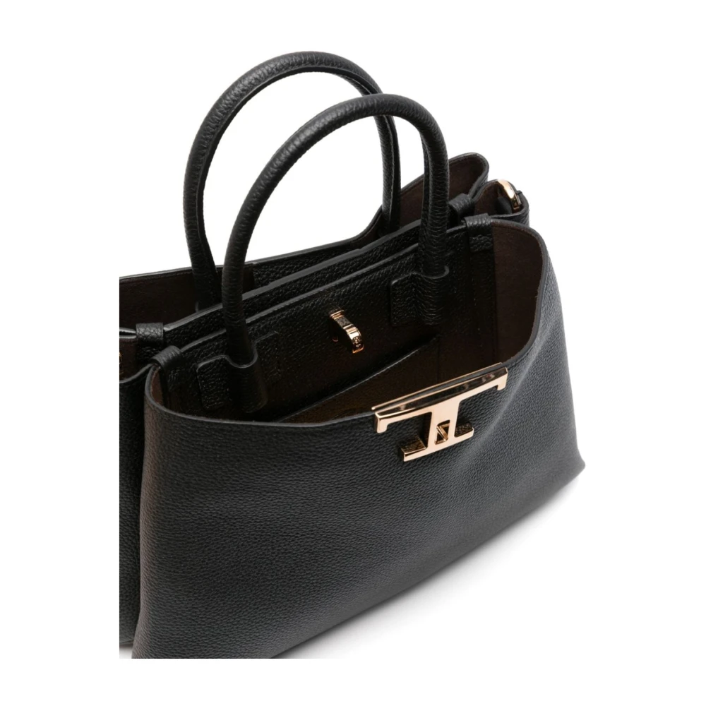 TOD'S Zwarte kalfsleren boodschappentas met draaislot gesp Black Dames