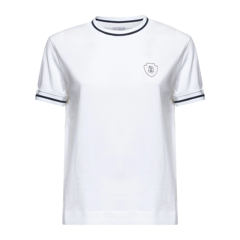 BRUNELLO CUCINELLI Gestreept Crewneck T-shirt met Solomeo Crest White Dames