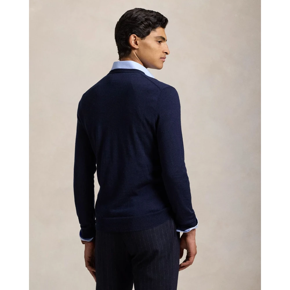Polo Ralph Lauren Slim-Fit Wasbare Wollen V-Hals Trui Blue Heren