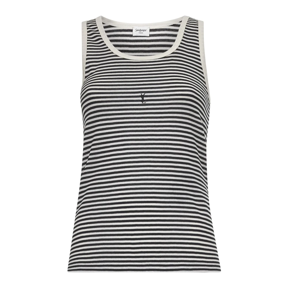 Saint Laurent Women's Black Striped Cotton Top With Embroidery