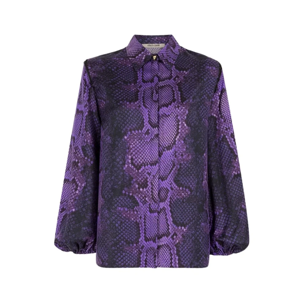 Roberto Cavalli Python-Print Lace-Up Zijden Shirt Purple Dames