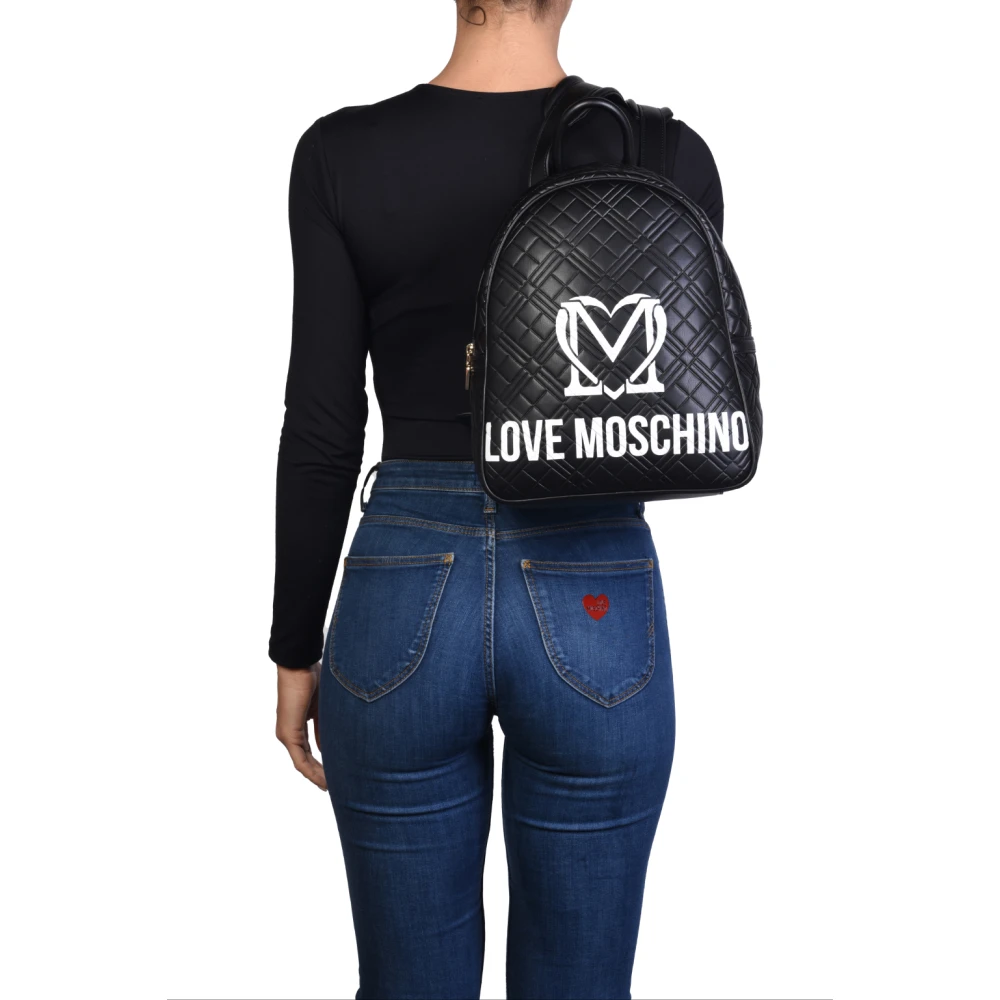 Love Moschino Gewatteerde Zwarte Rugzak met Wit Logo Print Black Dames