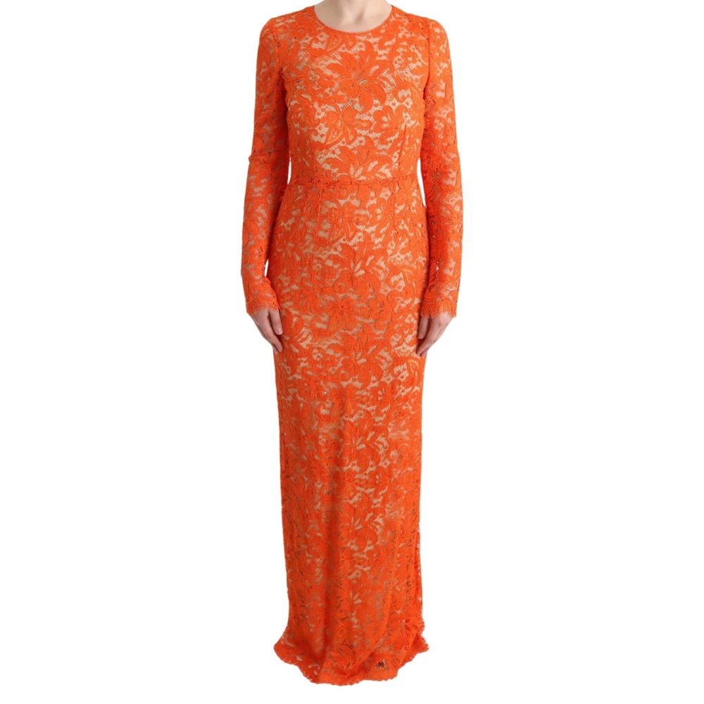 Dolce & Gabbana Women's Orange Gowns, S, Floral Ricamo Sheath Long Dress