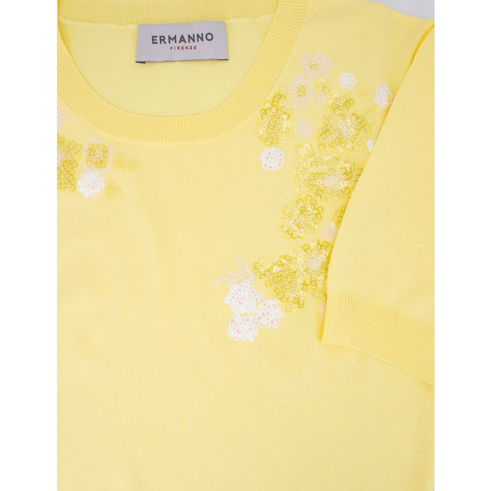 Ermanno Scervino Bloemen Paillet Crew Neck Sweater Yellow Dames