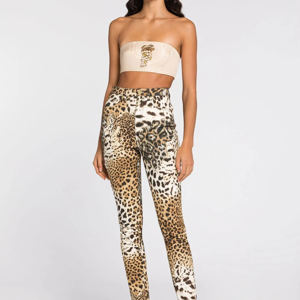 Roberto Cavalli Slimme Jeans met Jaguar Print Brown Dames