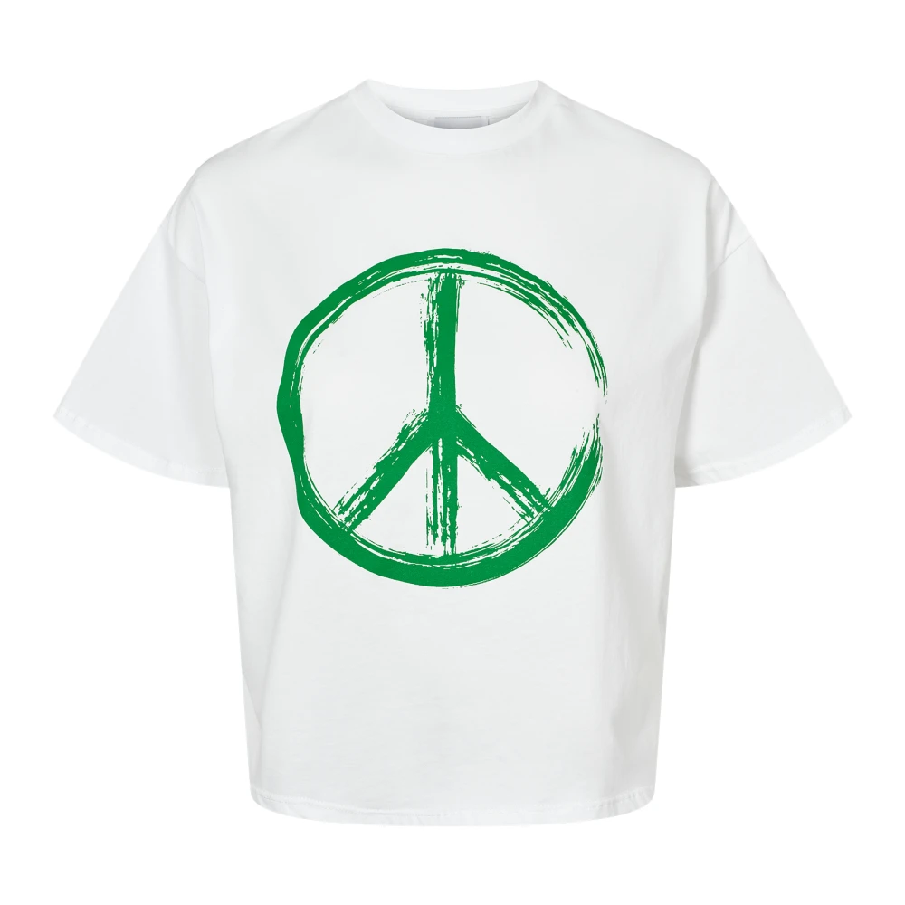 American Dreams Witte Peace Katoenen Tee met Groene Letters White Dames