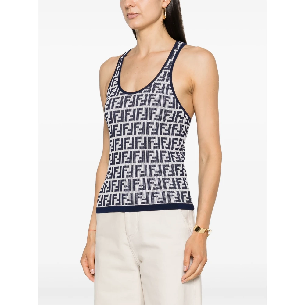 Fendi Jacquard Logo Mouwloze Top Blue Dames