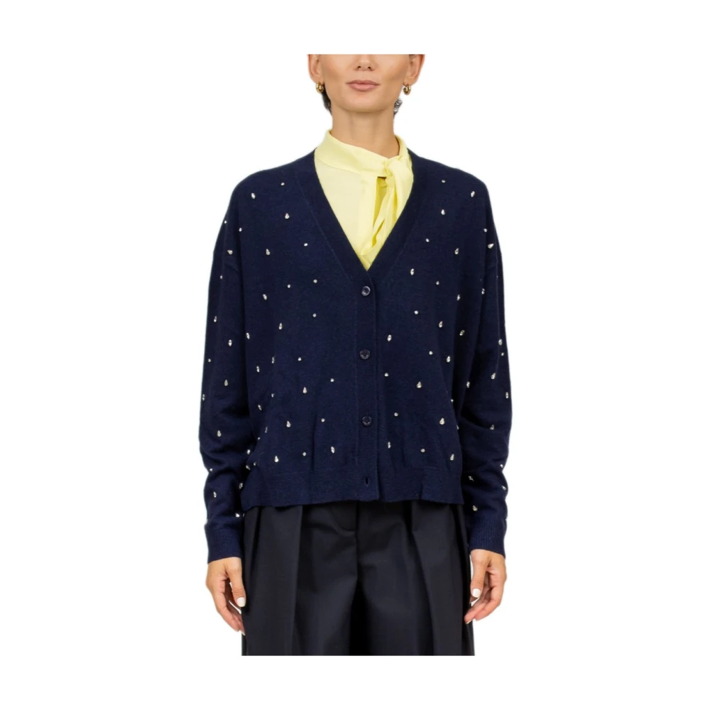 Semicouture Blauwe Cashmere Cardigan met Strass Detail Blue Dames