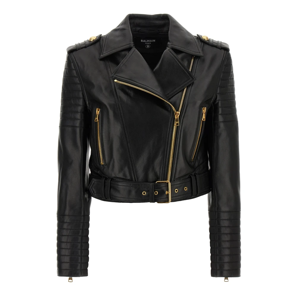 Balmain Women's Black Biker Crop Leather Jacket