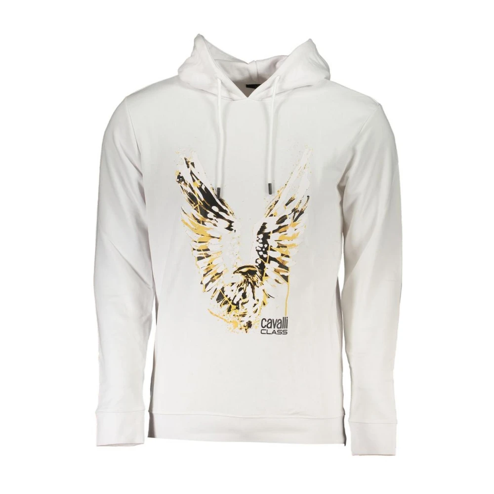 Cavalli Class , Hoodies, Male, White, 3XL, Brushed Hooded Long Sleeve Sweatshirt With Logo Print